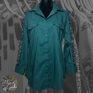 Sharagano Teal Lattice Sleeve Knit to Fit Blouse - Size Medium